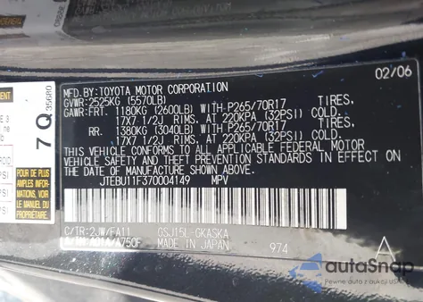 2007 Toyota Fj Cruiser z USA, uszkodzony, nr VIN JTEBU11F370004149